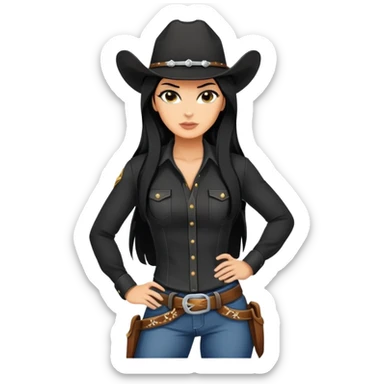 confident hot tanned woman with long black hair cowgirl style wearing black outfit with strong pose sticker