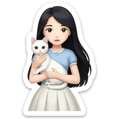 A beautiful girl with long black hair wearing a white skirt holds a cute white cat in her arms sticker