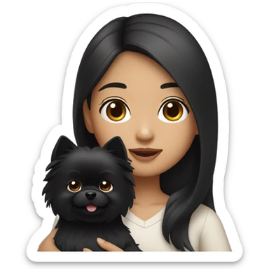 Asian looking girl with black hair, middle part with her black Pomeranian dog  sticker
