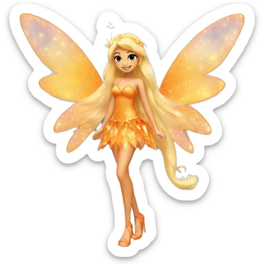 Stella adult latina fairy of nature in her enchantix fairy orange two piece clothing and fairy enchantix wings and long blonde hair from winx club. Small eyes, Lots of sparkles and fairydust. Full body and full fairy bliss sticker