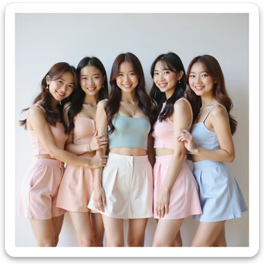 Blackpink, K-pop group, group pose, photorealistic, pastel outfits, soft lighting, cheerful mood sticker