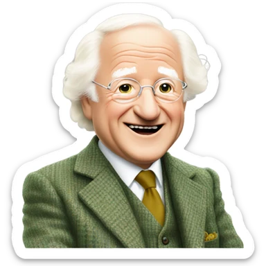 michael d higgins smiling and wearing green tweed suit and waving sticker