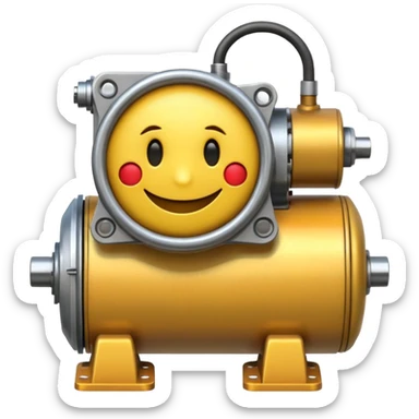 Industrial mechanical motor with a smiley face, emoji for the new electric music genre Motor breaks must be friendly and sellable must be small but clear child friendly, ready to use as a logo, motor synth make sure it's not Cold sticker