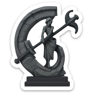 Stone sculpture scythe with a geometric, faceted design. The scythe is standing upright on a base with angular and baroque features. The vibrant midtone subtlety of dark neutrals highlights the sharp edges and planes.  sticker