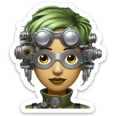 Olive green hair female cyborg head with silver steampunk goggles, goatee and circuits sticker