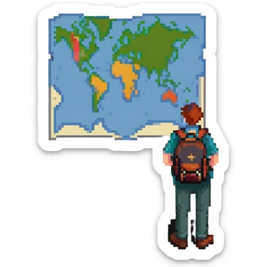 confused traveler with backpack looking at map sticker