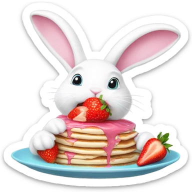 white bunny wearing pink pastel hat eating strawberry pancake sticker