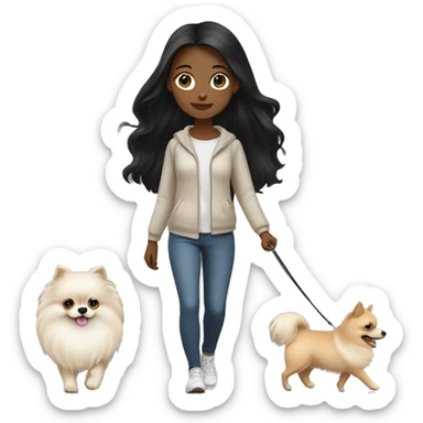 pale girl with long black hair walking with pomeranian sticker