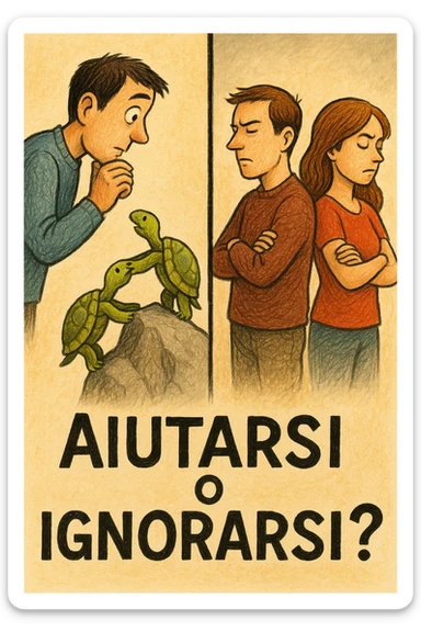 Vertical format: A man observing two turtles helping each other climb a rock, next to a human couple ignoring each other's difficulties, with Italian text: 'Aiutarsi o ignorarsi?'. sticker