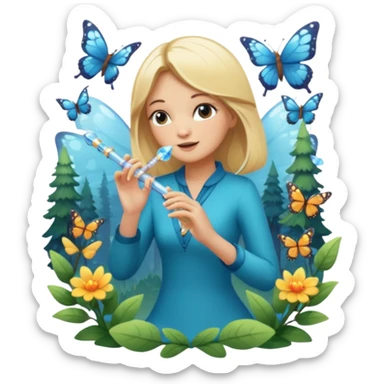 woodland sticker character, blonde woman playing crystal flute, butterflies around sticker