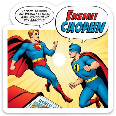 Icon for Vintage American Comics: an open comic magazine with classic 1940s-1950s American comic art, featuring superheroes in bold, bright colors, with action panels and exaggerated speech bubbles. The icon should represent the nostalgic style of vintage comics. Transparent background. sticker