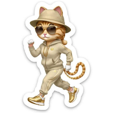 female cat with strong Run DMC hip-hop vibes, bold tracksuit, Adidas sneakers, gold chains, fedora hat, dark sunglasses, jogging upright sticker