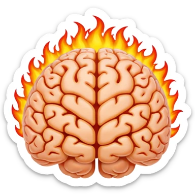 high-quality minimal emoji human brain with vivid bright flames surrounding it, symbolizing intense exploration and creativity, small clear and suitable for emoji use sticker