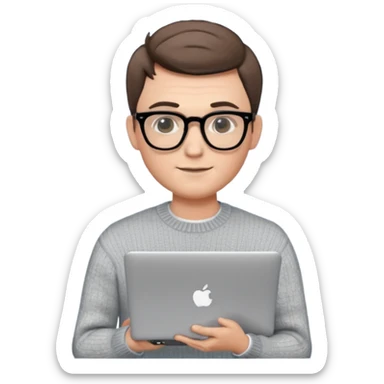male memoji, attractive man with glasses, stylish haircut, elegant sweater, holding a laptop, charming intelligent look sticker