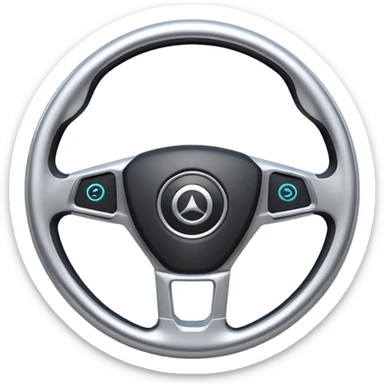 A futuristic steering wheel emoji made of silver chrome, minimal geometric design, smooth metallic surface, soft reflections, iOS emoji style, centered, clean white background sticker