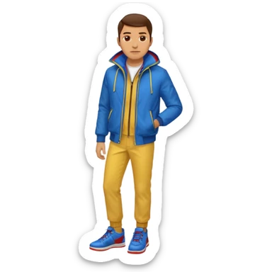 un hombre con: una chaqueta amarilla, pantalones rojos y zapatos azules. sticker