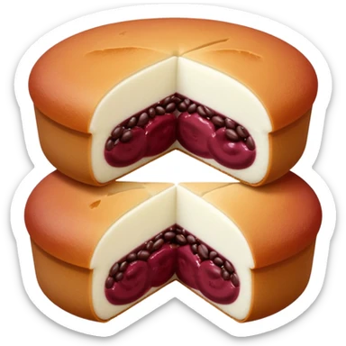 A soft round mochi cut in half, showing the filling inside (red bean paste or pink/white filling), outer layer is white and slightly stretchy-looking, smooth and pillowy texture, simple flat design style, centered on transparent background.
 sticker