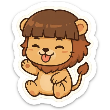 cartoon lion with a bowl cut hairstyle, playful expression, chibi stickers style sticker