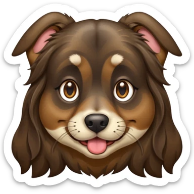 dog face with long black+brown brindle coat and bridge of nose. ears stand up w/ tips folded down. make eyes light brown-ish gold. widen tongue and add dark splotch. keep mane long.  sticker