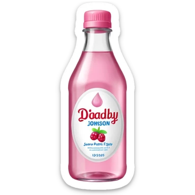 realistic Johnson and Johnson style bottle pink cap pink label clear bottle with berry party written on the logo with diddy logo bottle leaking oil from the top sticker