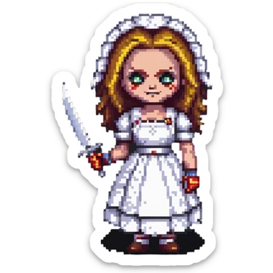 Chucky's bride with a mischievous expression holding a knife in pixel art style sticker