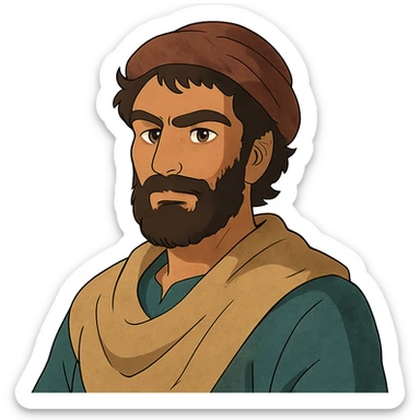 A Tajik man with medium to tall height, well-defined features, slightly curved nose, dark-brown eyes, thick eyebrows meeting above the nose, slightly wavy hair, rich brown skin, and a fuller beard sticker