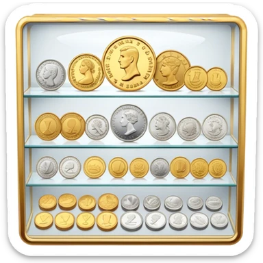 Icon for Coin Collecting: a collection of various vintage and modern coins, neatly arranged in a display case or on a table. The icon should highlight the diversity and historical value of coin collecting. Transparent background. sticker