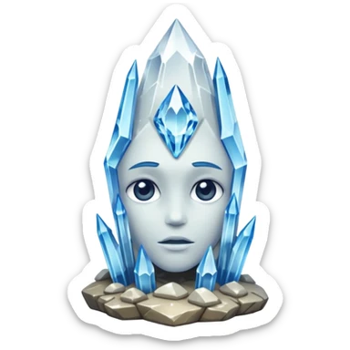 A single crystal rock character inspired by a clear quartz cluster, amorph base with many tall transparent crystal spikes growing upward all around it with a face sticker
