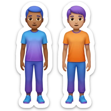 Keep the two male characters realistic, no simplification. Recolor their clothes into the gradient palette (blue, violet, orange), matching the style of the travel emoji pack. White or transparent background. sticker