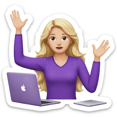 lady with long blonde wavy hair, purple top throwing her with a laptop hands in the air saying why sticker
