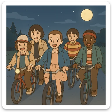 Iconic Stranger Things scene: group of friends (Eleven, Mike, Dustin, Lucas, and Will) riding bicycles together at night, all smiling, atmosphere of friendship and adventure, simple line art, light pastel tones, thick outlines, Ghibli style, 1:1 format, safe and friendly. sticker
