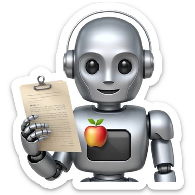 smiling robot holding a document with text, apple emoji style sticker