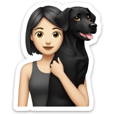 white girl with black hair holding black lab sticker