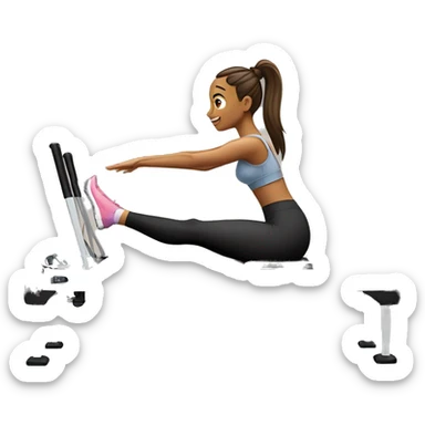 "Girl on a Pilates reformer machine, mid-exercise, wearing leggings and a top, in a bright studio."






 sticker