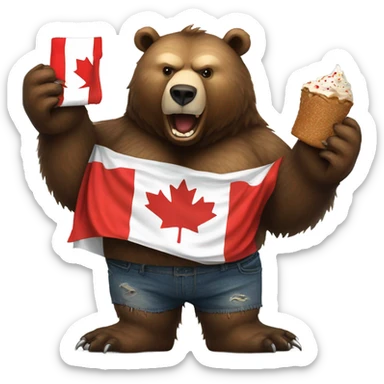 Massive fierce grizzly bear with Canada flag shirt eating eagle sticker