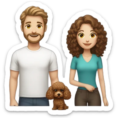 A white man with light brown hair, a white woman with long dark brown hair and a toy poodle with brown hair sticker