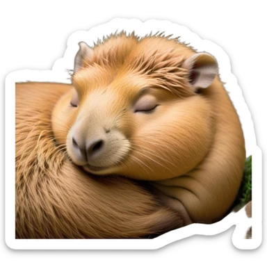 Meme-Worthy Cute Sleeping Capybara Portrait Emoji, Head resting peacefully with a contented smile, showcasing luxuriously soft, fluffy fur and a characteristic capybara head with a broad snout and small, gentle ears, with eyes gently closed in serene slumber, Simplified yet hilariously adorable features, highly detailed, glowing with a soft, drowsy natural light, high shine, relaxed and utterly lovable, stylized with an air of playful laziness, bright and heartwarming, soft glowing outline, capturing the essence of a sleeping capybara that feels destined to become the next viral sensation of adorable rest! sticker