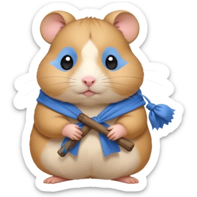 Cute fat cartoon-style hamster carrying a stick with a tied blue cloth bundle (bindle) over its shoulder with a melancholy expression. sticker