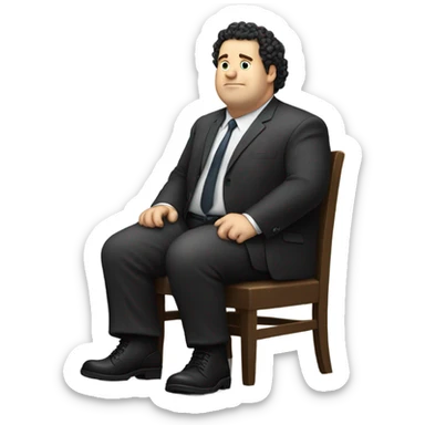 Make a white very fat guy sitting down wearing a suit and boots and he has curly black hair  sticker
