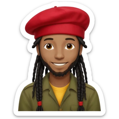 smiling young Black guy, long black dreadlocks tied back, red beret, reggae vibe sticker
