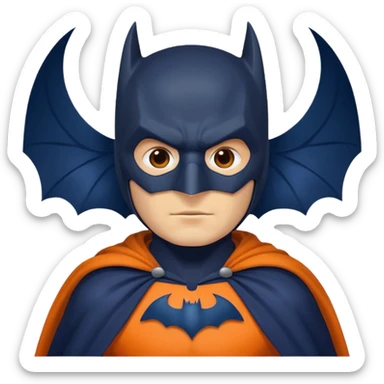 generate a batman emoji with just the face and neck showing and part of the cloak and and wings. Shade the mask in dark navy blue.  Shade the cloak in a solid vibrant orange. Shade the bat logo in a bright medium olive green. sticker