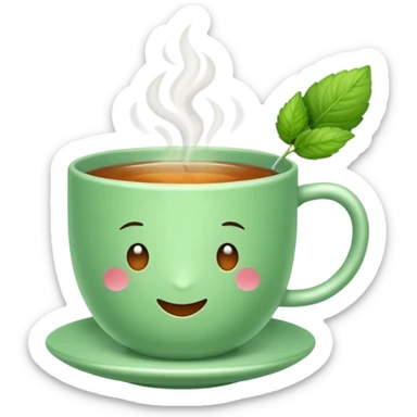 steaming cup of herbal tea with a mint leaf cozy emoji style sticker