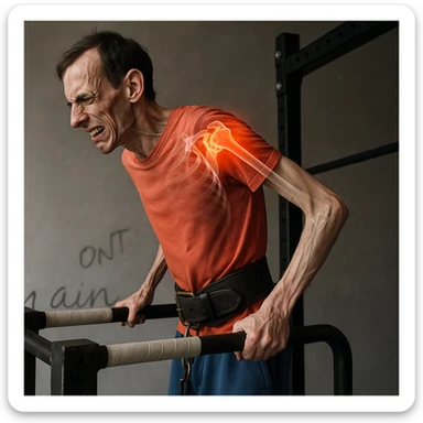 Hyperrealistic 4K image of a very thin man performing a dip on parallel bars, side position as in the reference, showing an expression of pain. Shoulder highlighted with an X-ray effect showing joint and inflammation. Realistic details, gym atmosphere. Variant 7. sticker