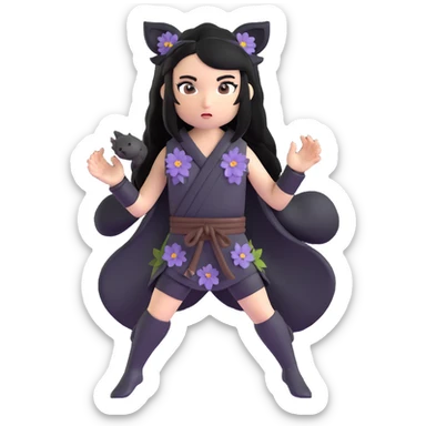 gothic female fighter with long flowing black hair, sharp intense eyes, small black bear ears, sleeveless black ritual robe top, gray combat shorts with dark floral pattern sticker