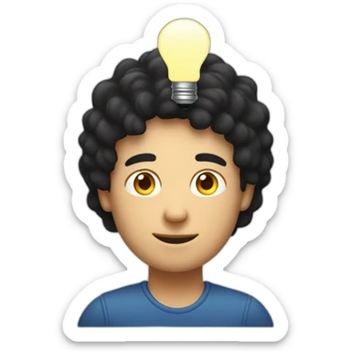 A white man with short black hair working on a laptop with a lightbulb above his head sticker