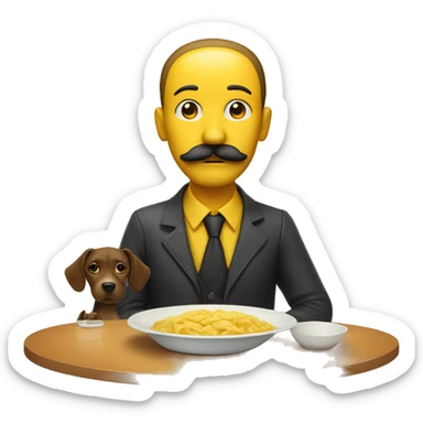 A yellow skinned man with mustache with a plate in front of him on a table. there is a dog on the table. sticker
