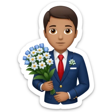 Homme avec bouquet fleurs blanches, avec uniforme bleu foncé cravate rouge, arabe raie sur le coté, brun un peu bronzé et yeux marrons  sticker