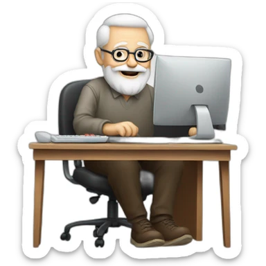 old man with beard and glasses sitting at a desktop with computer sticker