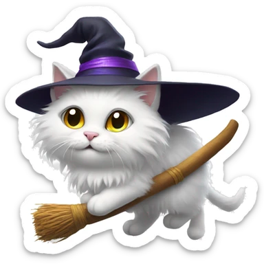White fluffy cat on a broom with a witch hat sticker