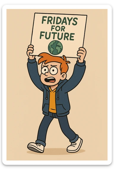  Fridays for Future a boy Yellow Orange hair shirts blue jackets hoodie dark blue jeans white shoe  sticker